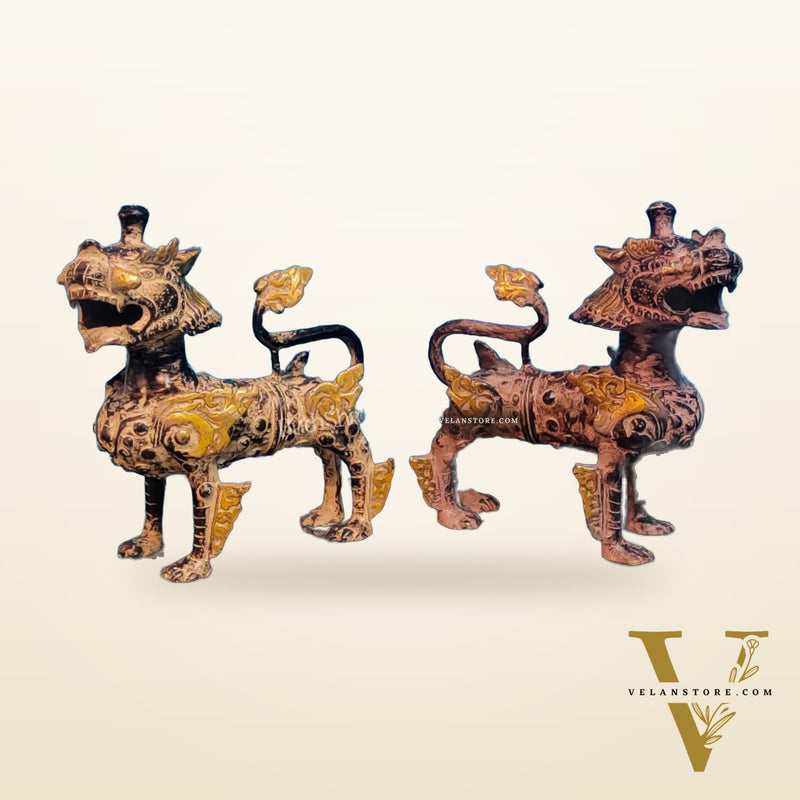 Brass Buddhist Tibetan temple snow lion 9" Pair
