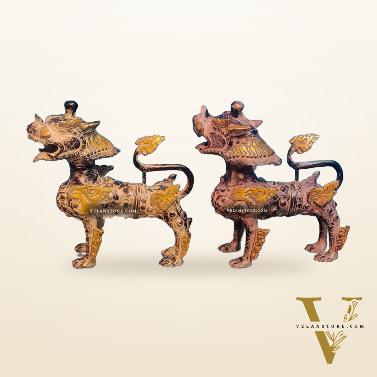 Brass Buddhist Tibetan temple snow lion 9" Pair