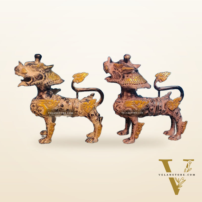 Brass Buddhist Tibetan temple snow lion 9" Pair