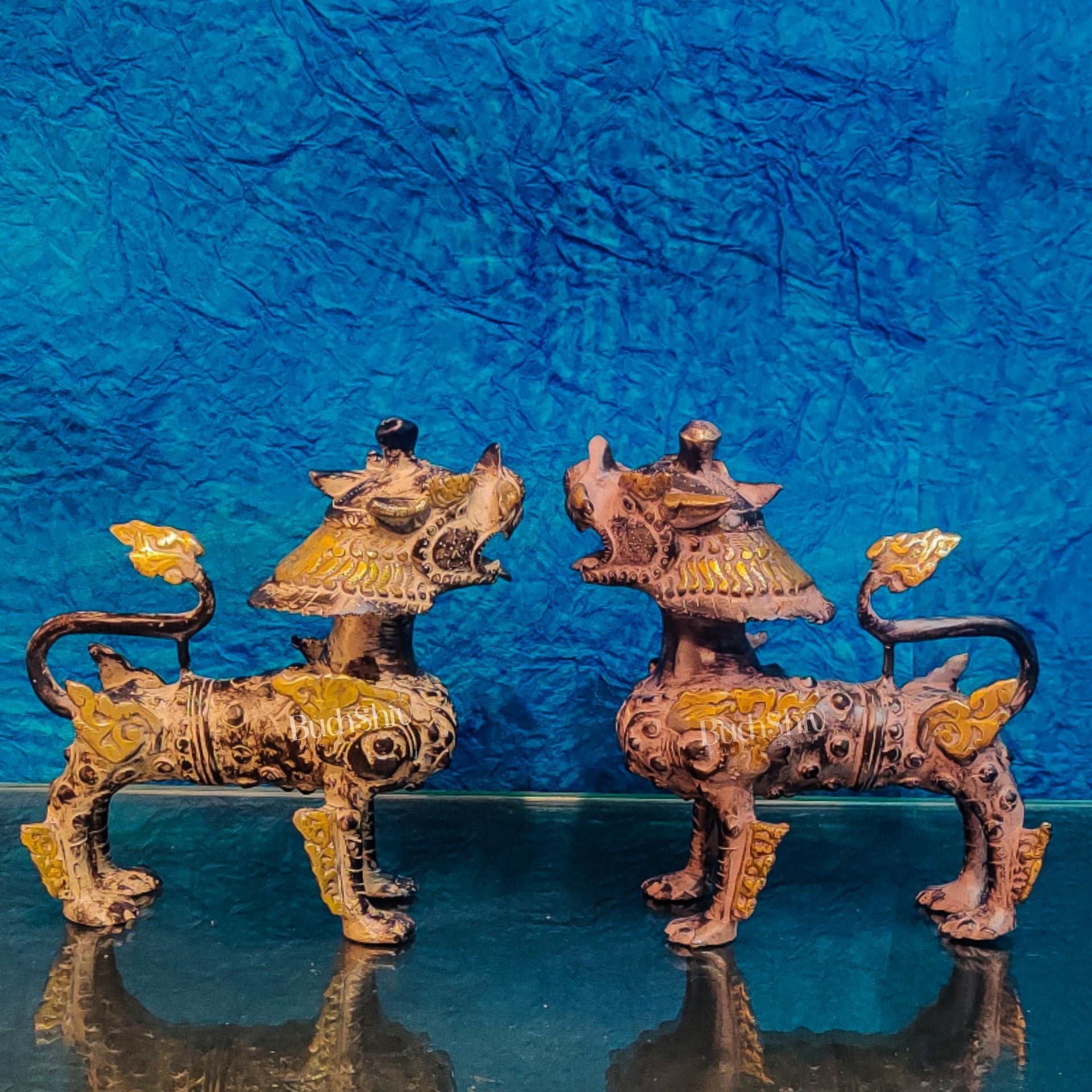 Brass Buddhist Tibetan temple snow lion 9" Pair