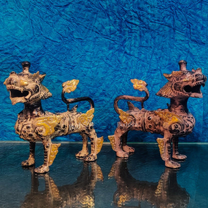 Brass Buddhist Tibetan temple snow lion 9" Pair