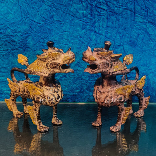 Brass Buddhist Tibetan temple snow lion 9" Pair