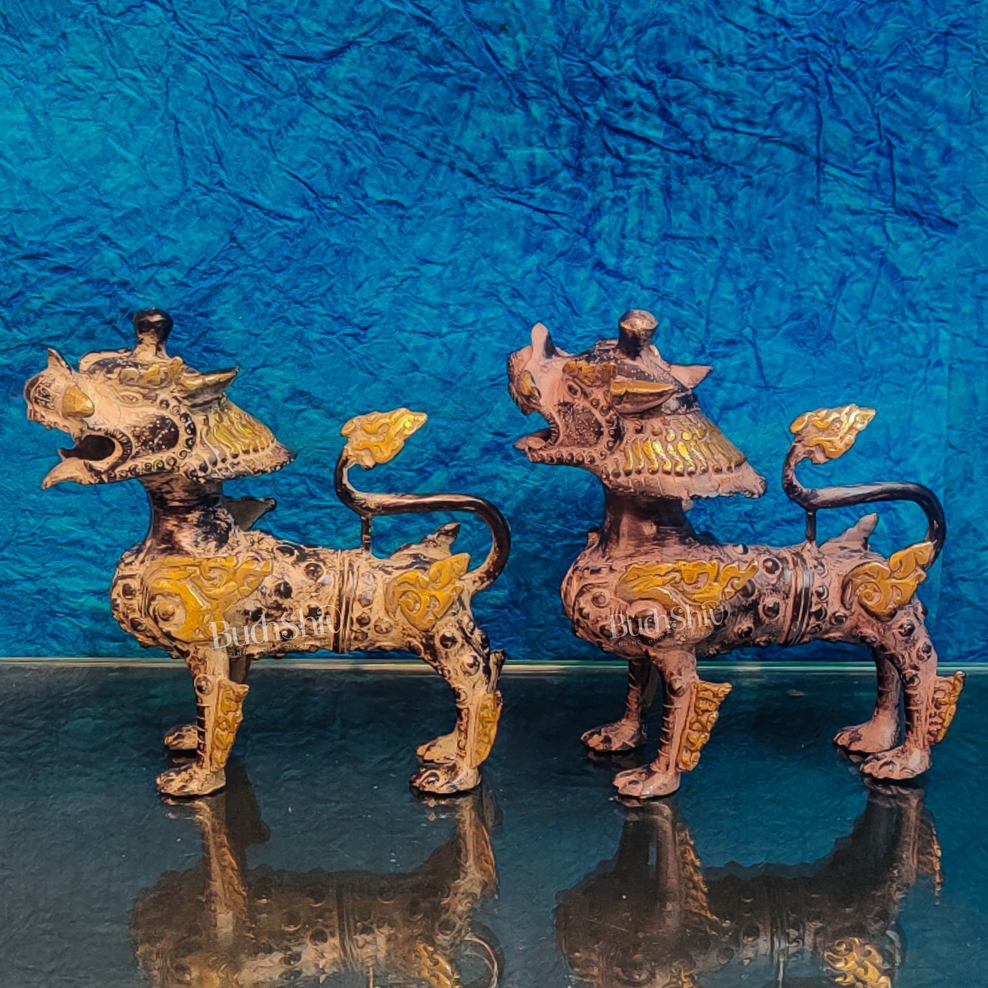 Brass Buddhist Tibetan temple snow lion 9" Pair