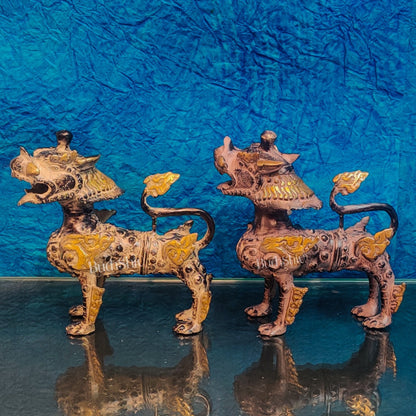 Brass Buddhist Tibetan temple snow lion 9" Pair