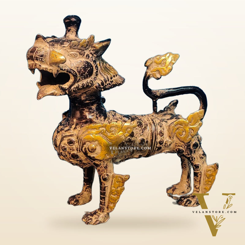 Brass Buddhist Tibetan temple snow lion 9"