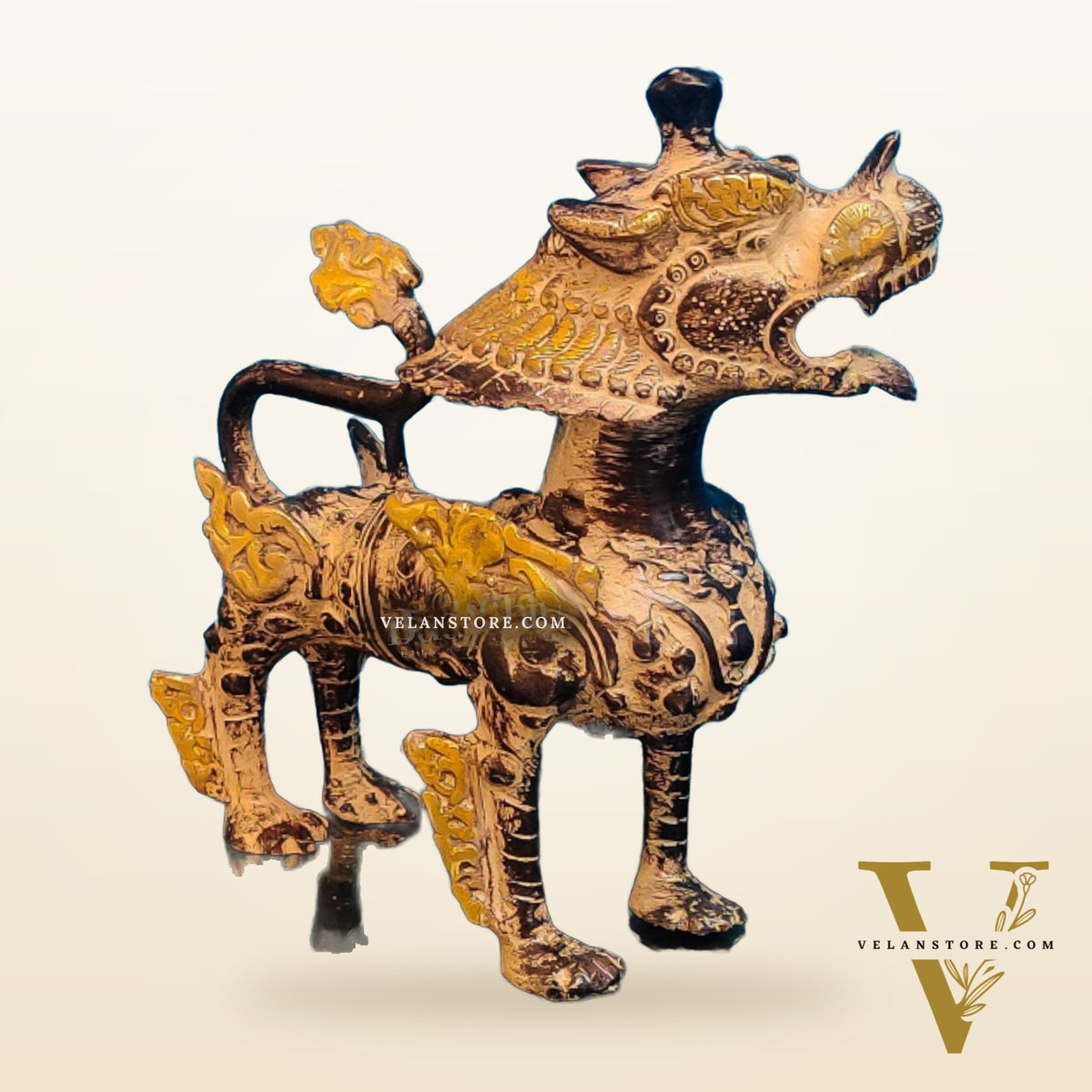 Brass Buddhist Tibetan temple snow lion 9"