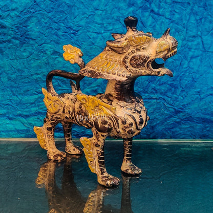 Brass Buddhist Tibetan temple snow lion 9"