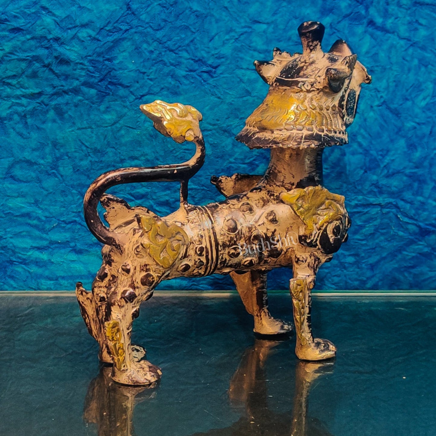 Brass Buddhist Tibetan temple snow lion 9"