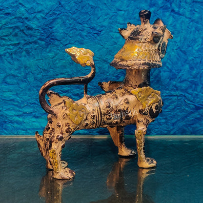 Brass Buddhist Tibetan temple snow lion 9"