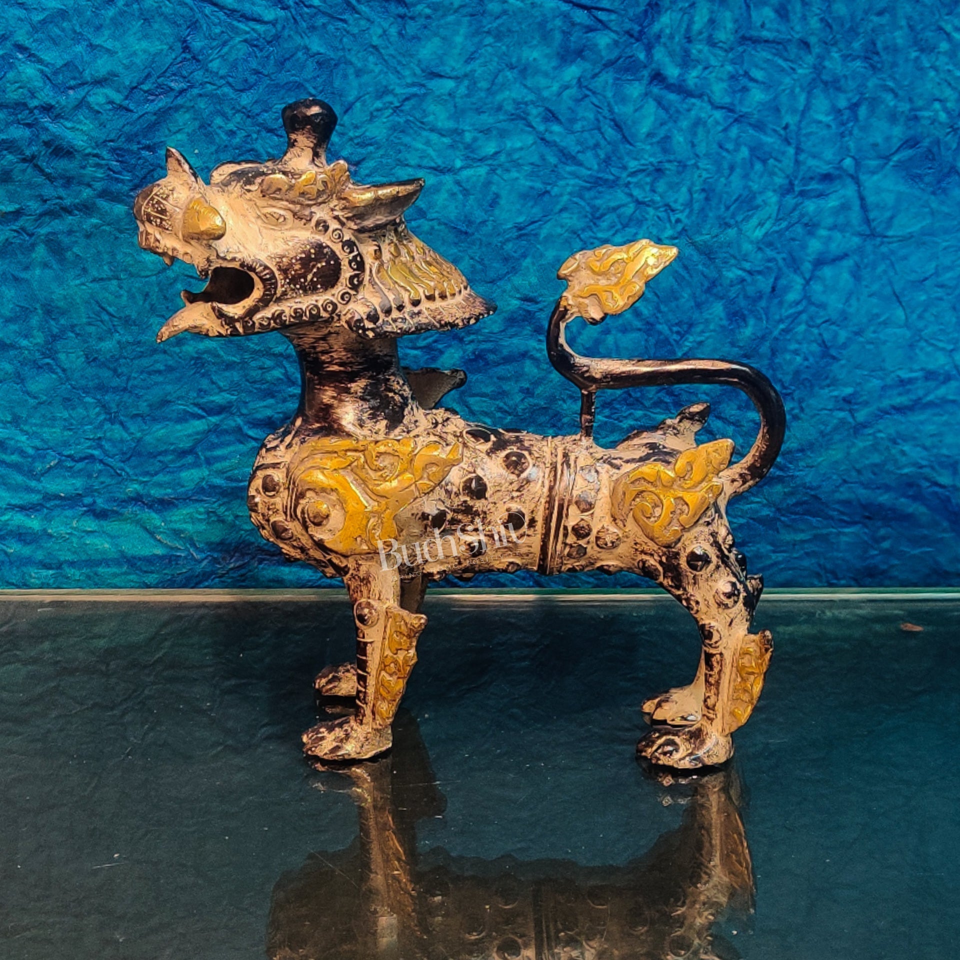 Brass Buddhist Tibetan temple snow lion 9"