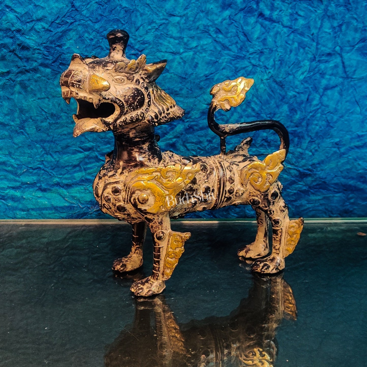 Brass Buddhist Tibetan temple snow lion 9"