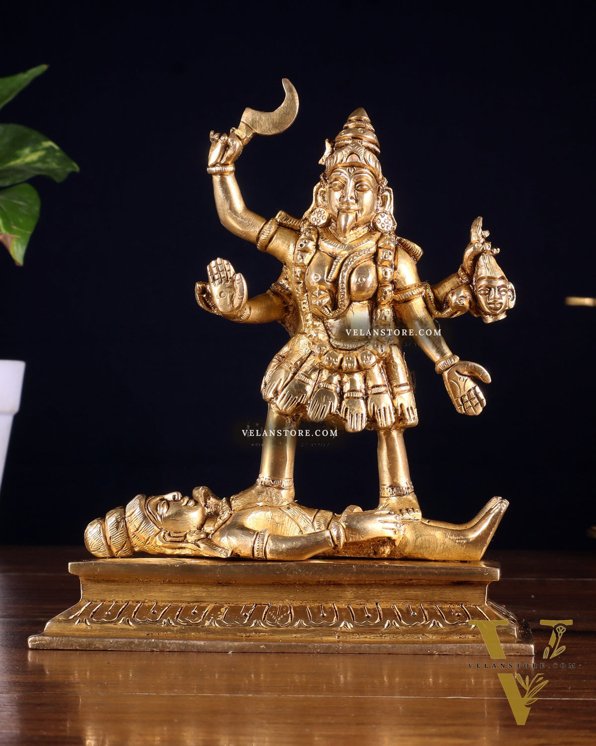 Brass Charbhuja Goddess Kali with Four Arms Idol 7 inch