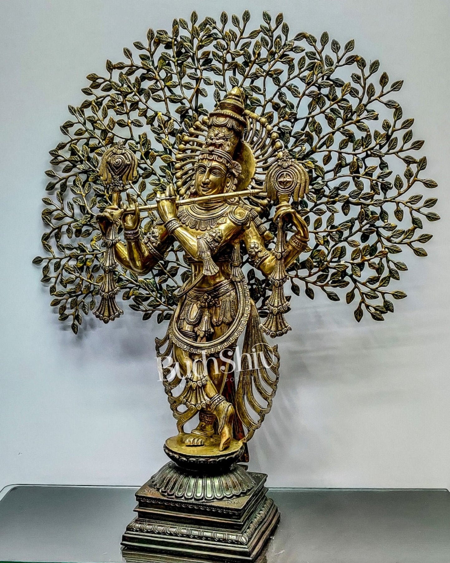 Exquisite Brass Lord Krishna Chaturbhuja Statue with Kalpavriksha - 36"