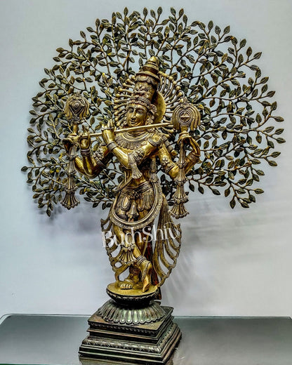 Exquisite Brass Lord Krishna Chaturbhuja Statue with Kalpavriksha - 36"