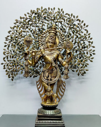 Exquisite Brass Lord Krishna Chaturbhuja Statue with Kalpavriksha - 36"