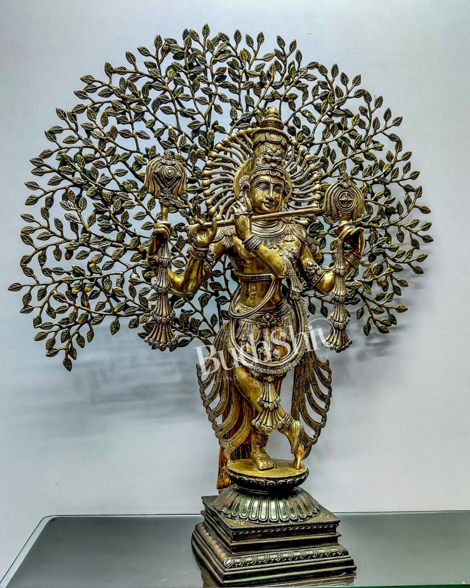 Exquisite Brass Lord Krishna Chaturbhuja Statue with Kalpavriksha - 36"