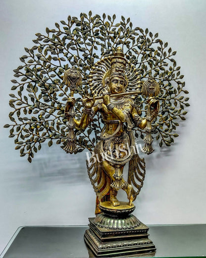 Exquisite Brass Lord Krishna Chaturbhuja Statue with Kalpavriksha - 36"