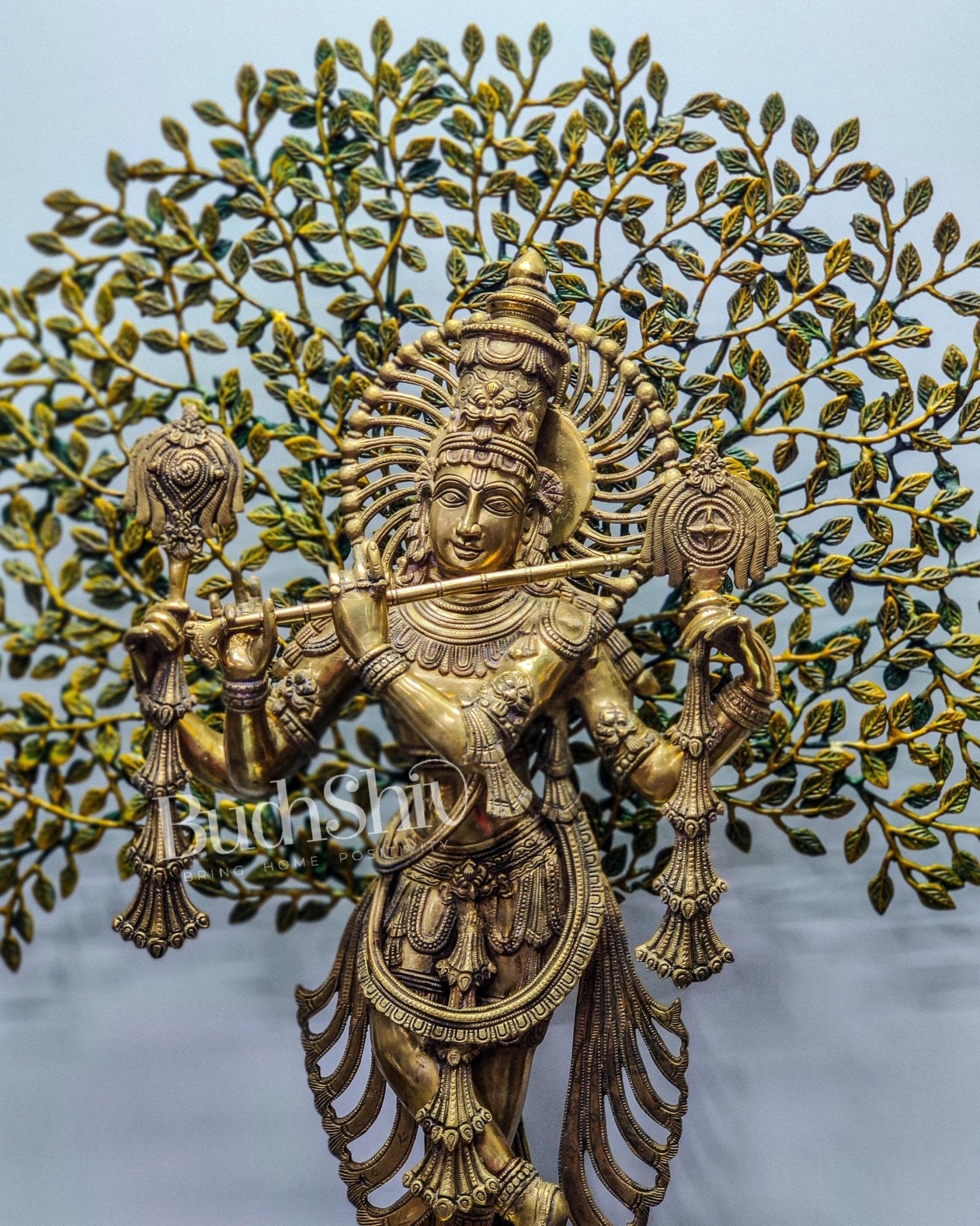 Exquisite Brass Lord Krishna Chaturbhuja Statue with Kalpavriksha - 36"