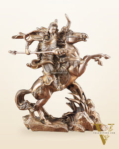 Brass Chinese Warrior Guan Yu Idol on Horse statue 14"