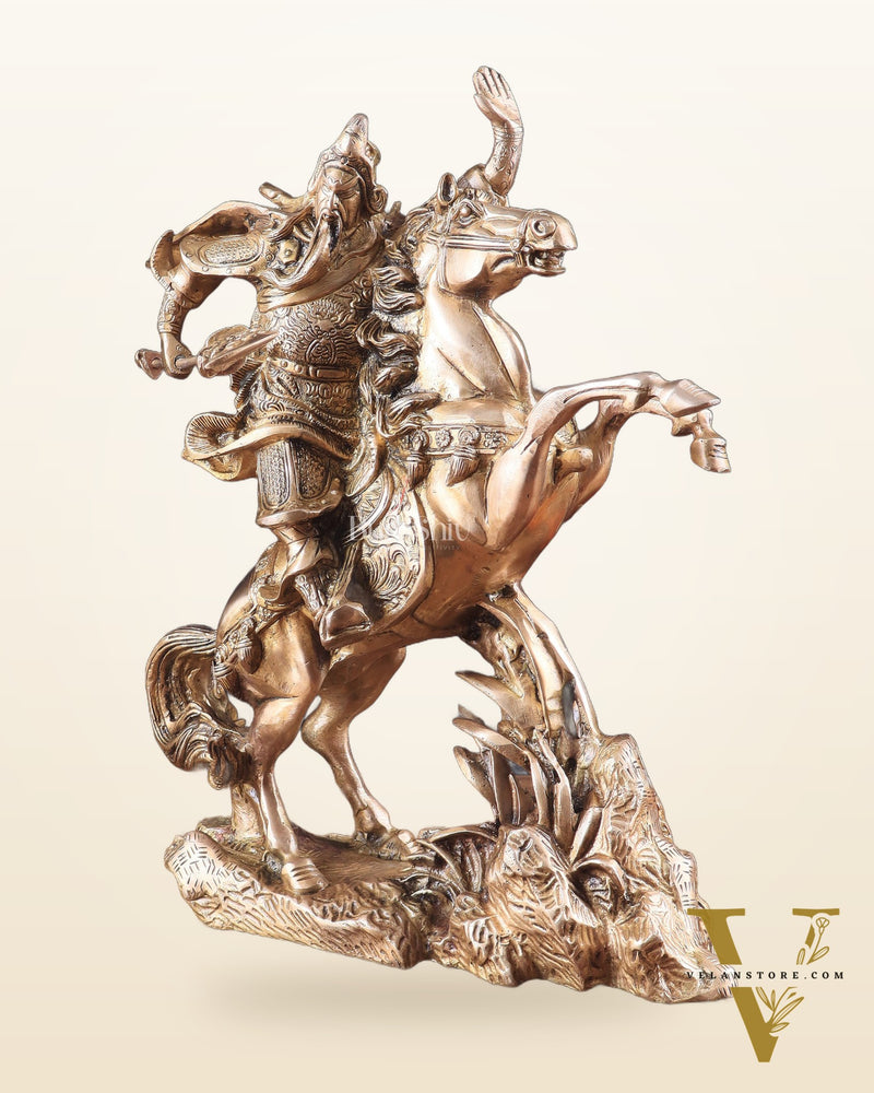 Brass Chinese Warrior Guan Yu Idol on Horse statue 14"
