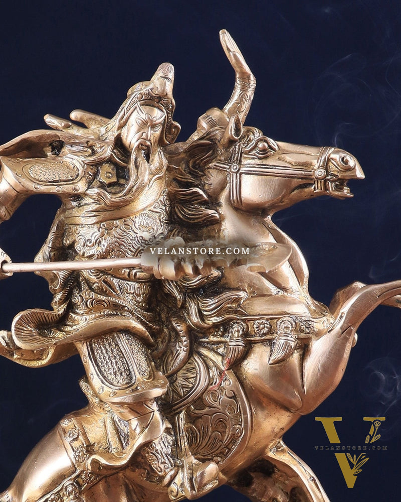 Brass Chinese Warrior Guan Yu Idol on Horse statue 14"