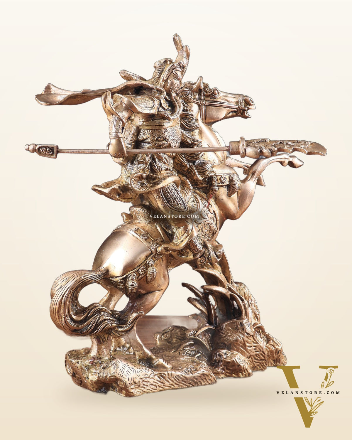 Brass Chinese Warrior Guan Yu Idol on Horse statue 14"