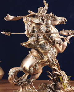 Brass Chinese Warrior Guan Yu Idol on Horse statue 14"