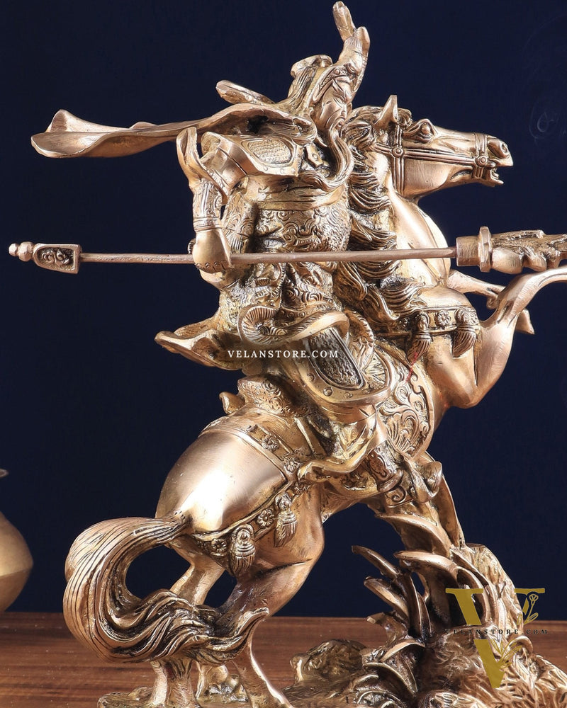 Brass Chinese Warrior Guan Yu Idol on Horse statue 14"