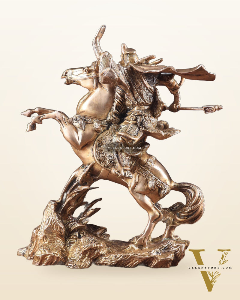 Brass Chinese Warrior Guan Yu Idol on Horse statue 14"