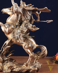 Brass Chinese Warrior Guan Yu Idol on Horse statue 14"
