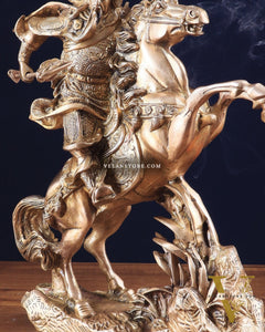 Brass Chinese Warrior Guan Yu Idol on Horse statue 14"