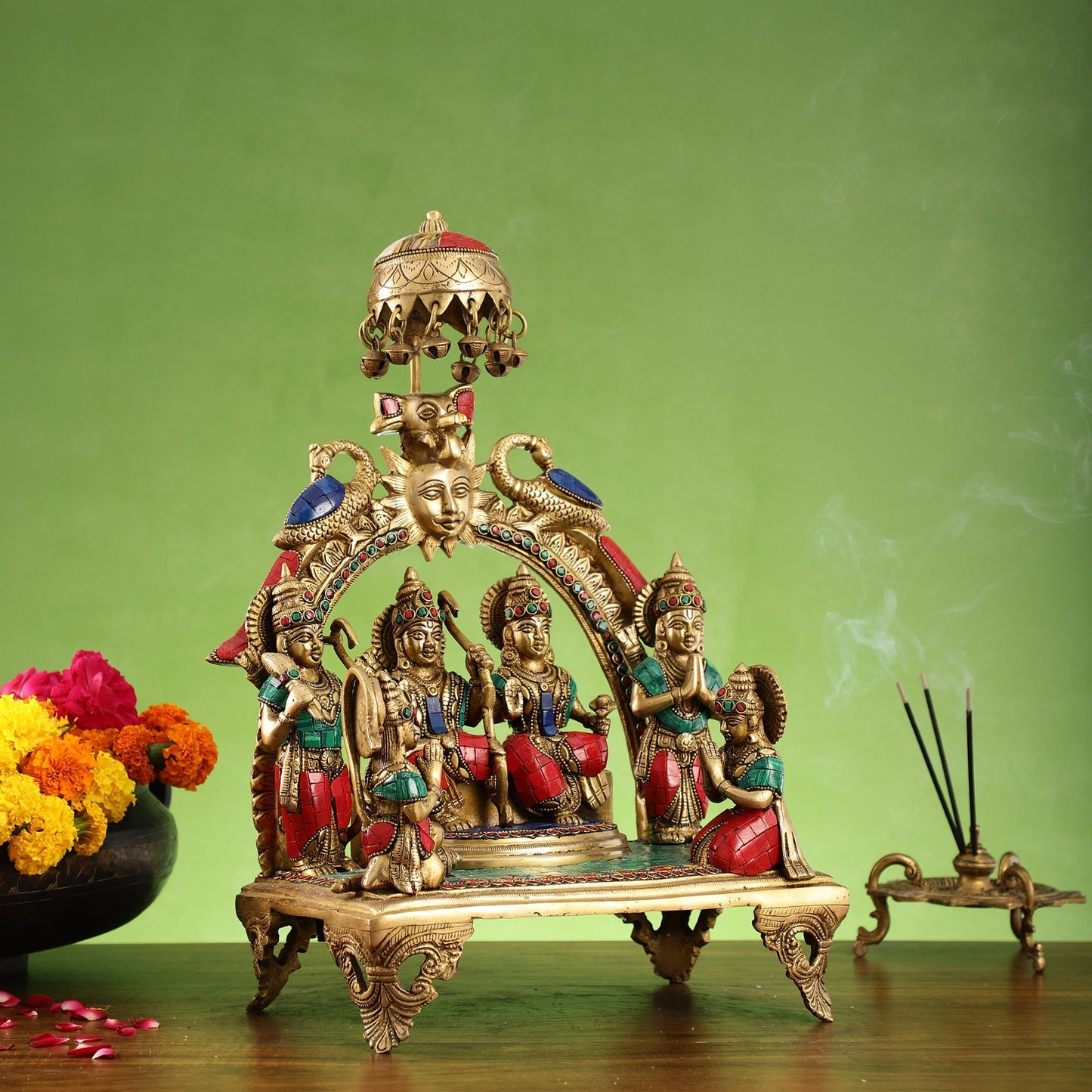 Brass Complete Ram Darbar (Ramapatabhishekam) Statue 16 inch with stonework