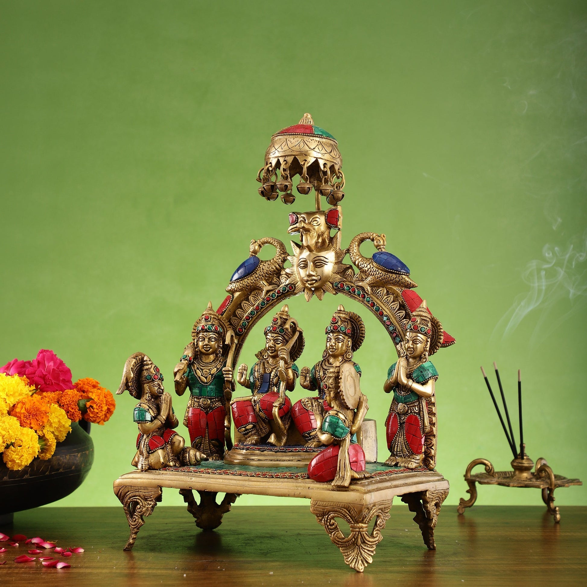 Brass Complete Ram Darbar (Ramapatabhishekam) Statue 16 inch with stonework