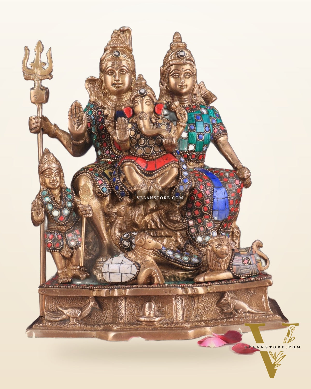 Brass Complete Shiv Parivar Idol - 10 Inch with stonework