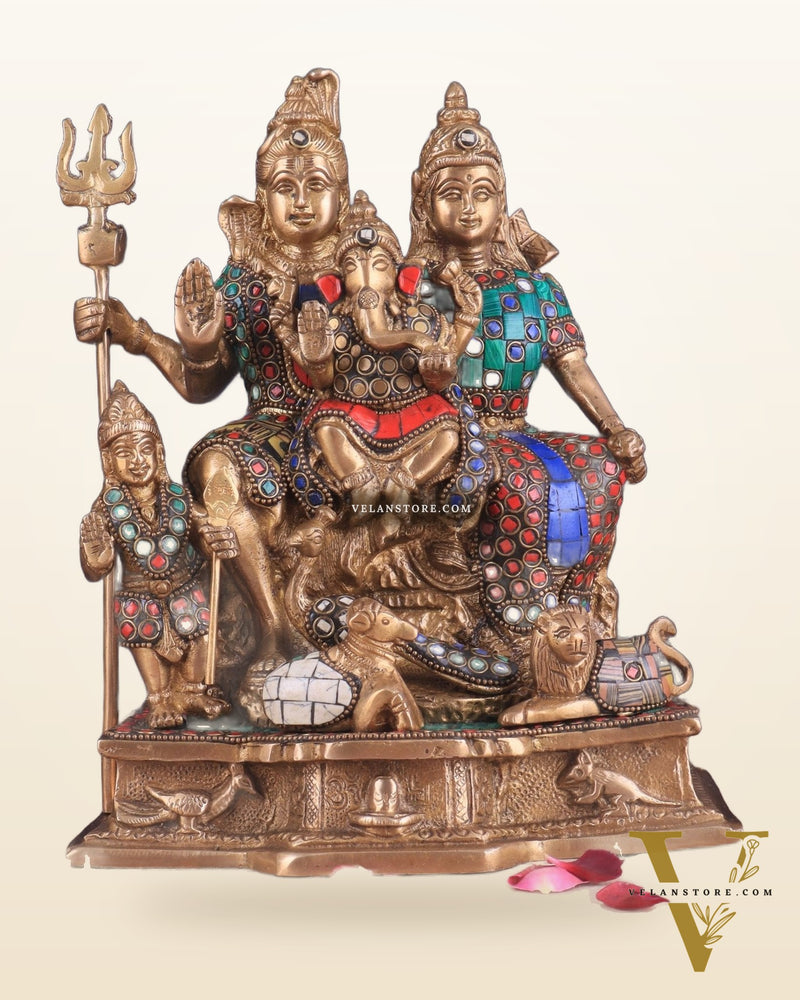 Brass Complete Shiv Parivar Idol - 10 Inch with stonework