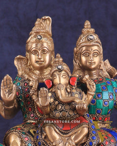 Brass Complete Shiv Parivar Idol - 10 Inch with stonework