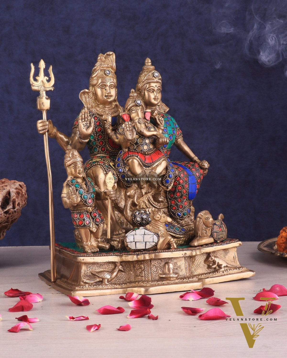 Brass Complete Shiv Parivar Idol - 10 Inch with stonework