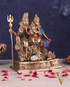 Brass Complete Shiv Parivar Idol - 10 Inch with stonework