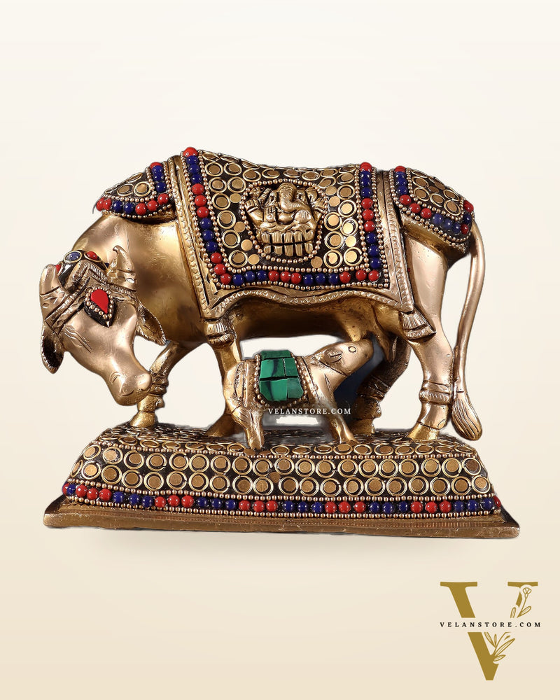 Brass Cow and Calf Kamdhenu Idol | Engraved with Ganesha and Lakshmi 6 inch