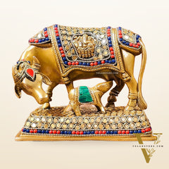 Brass Cow and Calf Kamdhenu Idol | Engraved with Ganesha and Lakshmi 6 inch