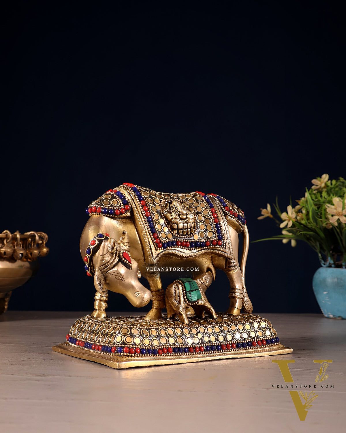 Brass Cow and Calf Kamdhenu Idol | Engraved with Ganesha and Lakshmi 6 inch