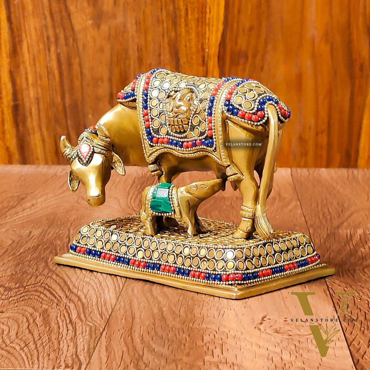 Brass Cow and Calf Kamdhenu Idol | Engraved with Ganesha and Lakshmi 6 inch