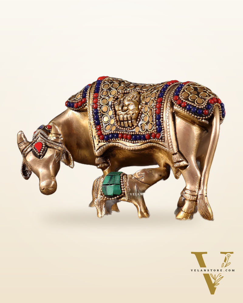 Brass Cow and Calf Kamdhenu Idol | Engraved with Ganesha and Lakshmi 6 inch