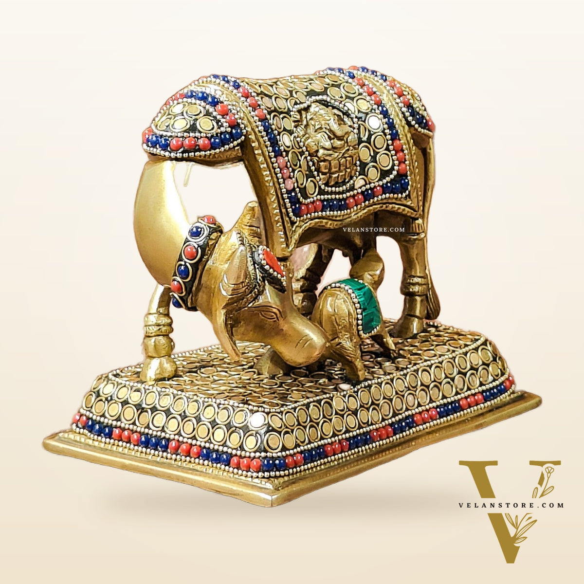 Brass Cow and Calf Kamdhenu Idol | Engraved with Ganesha and Lakshmi 6 inch