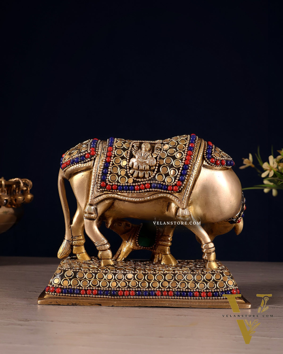 Brass Cow and Calf Kamdhenu Idol | Engraved with Ganesha and Lakshmi 6 inch