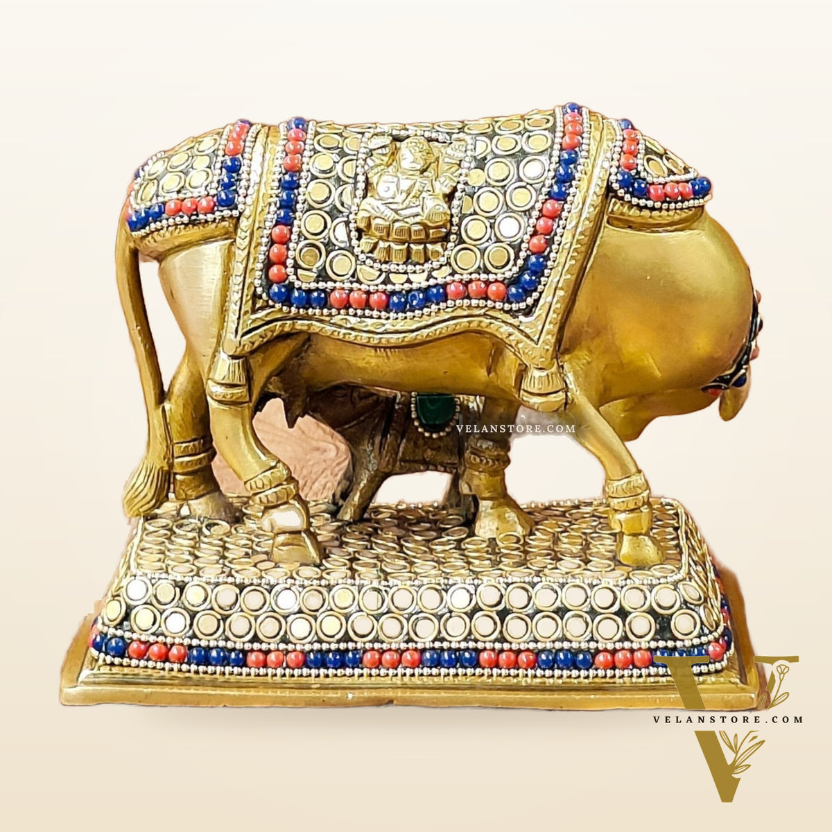 Brass Cow and Calf Kamdhenu Idol | Engraved with Ganesha and Lakshmi 6 inch