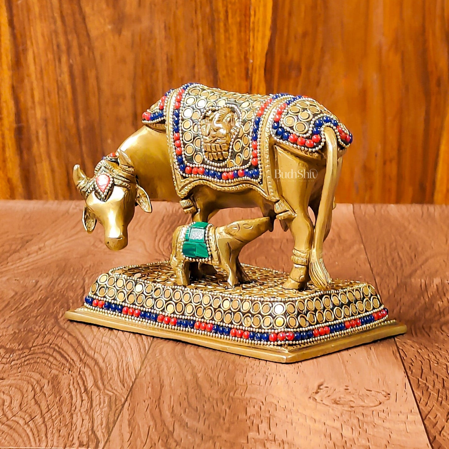 Brass Cow and Calf Kamdhenu Idol | Engraved with Ganesha and Lakshmi 6 inch