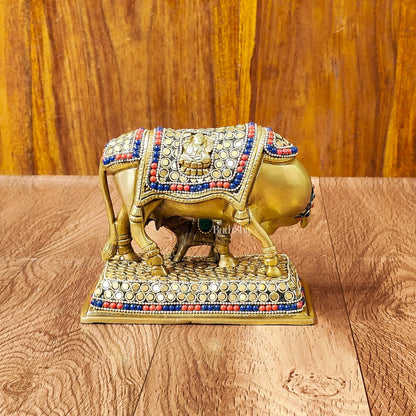 Brass Cow and Calf Kamdhenu Idol | Engraved with Ganesha and Lakshmi 6 inch