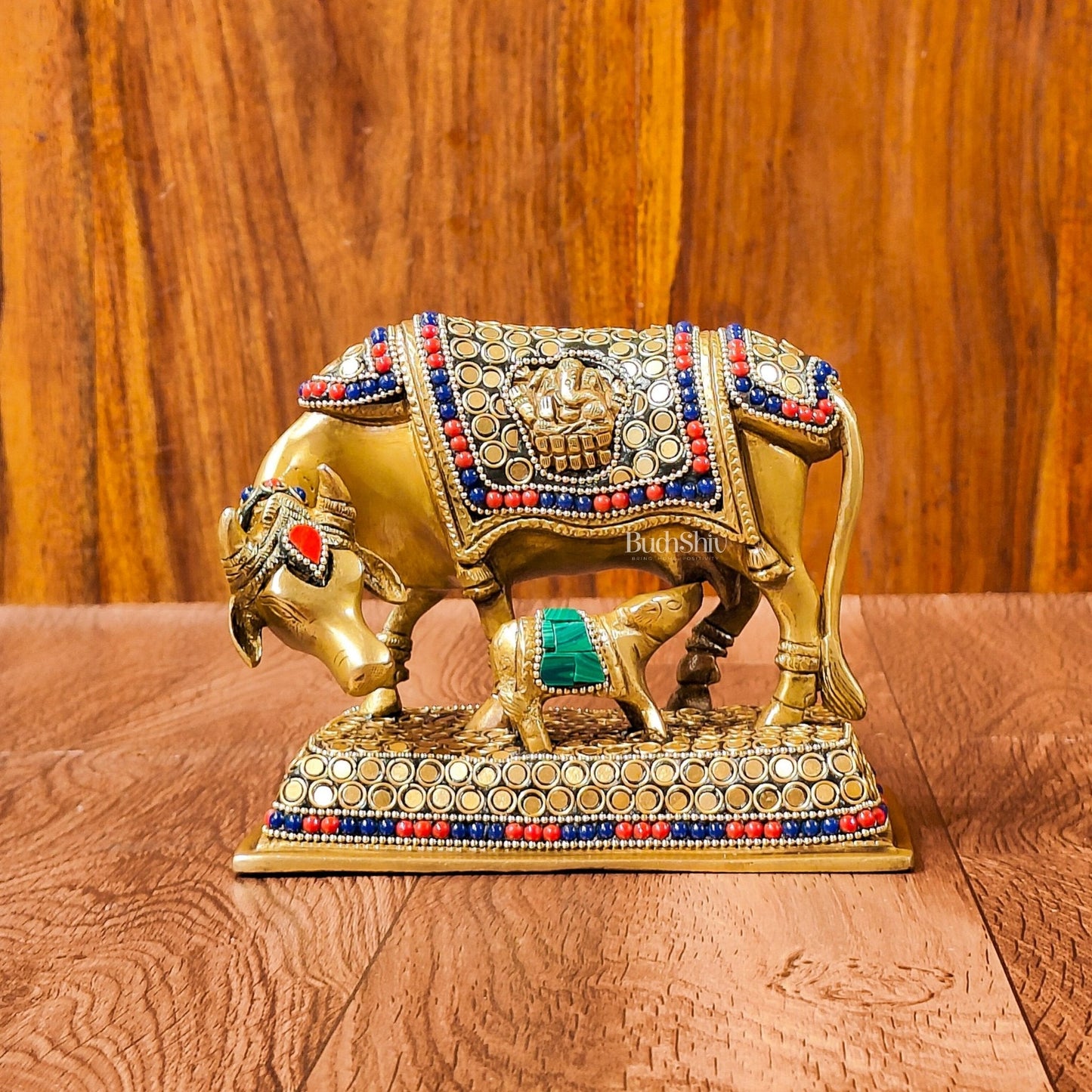 Brass Cow and Calf Kamdhenu Idol | Engraved with Ganesha and Lakshmi 6 inch