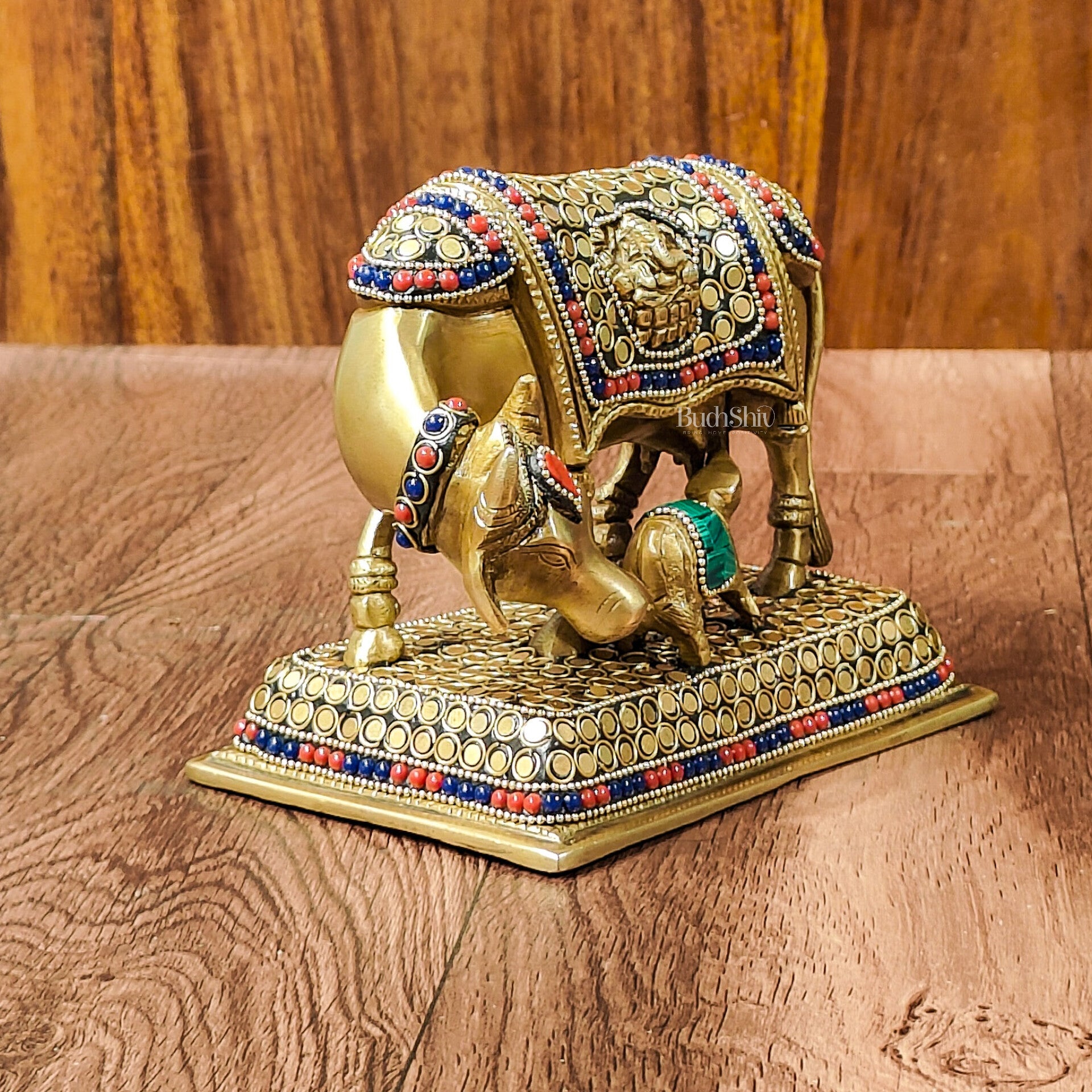 Brass Cow and Calf Kamdhenu Idol | Engraved with Ganesha and Lakshmi 6 inch